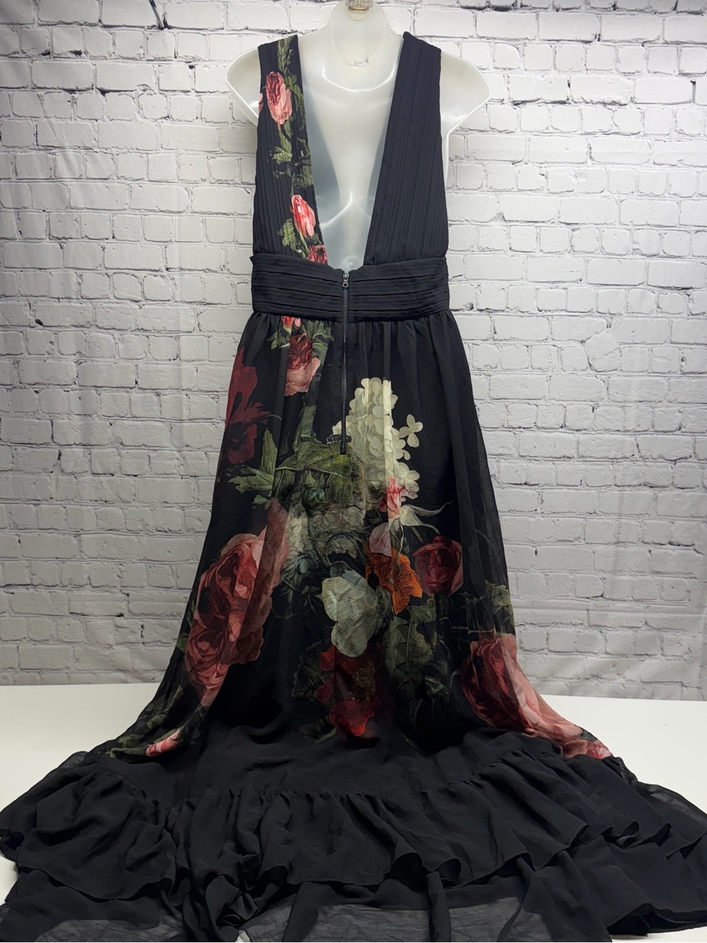 Alice + Olivia Black Maxi Dress royal  Floral Print cape back gown12 nwt - Picture 6 of 16
